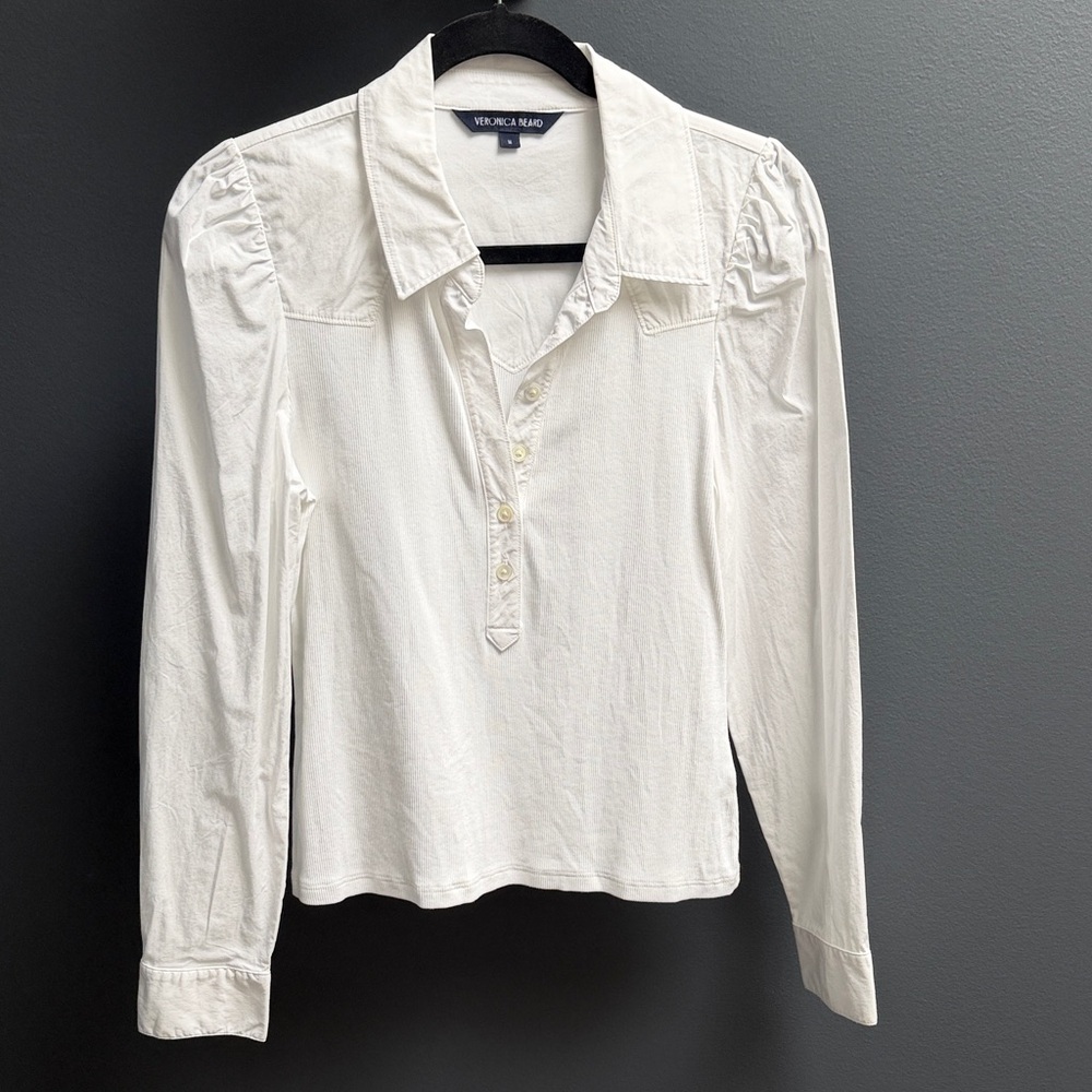 Veronica Beard Ivory Button-Front Long Sleeve Polo Shirt